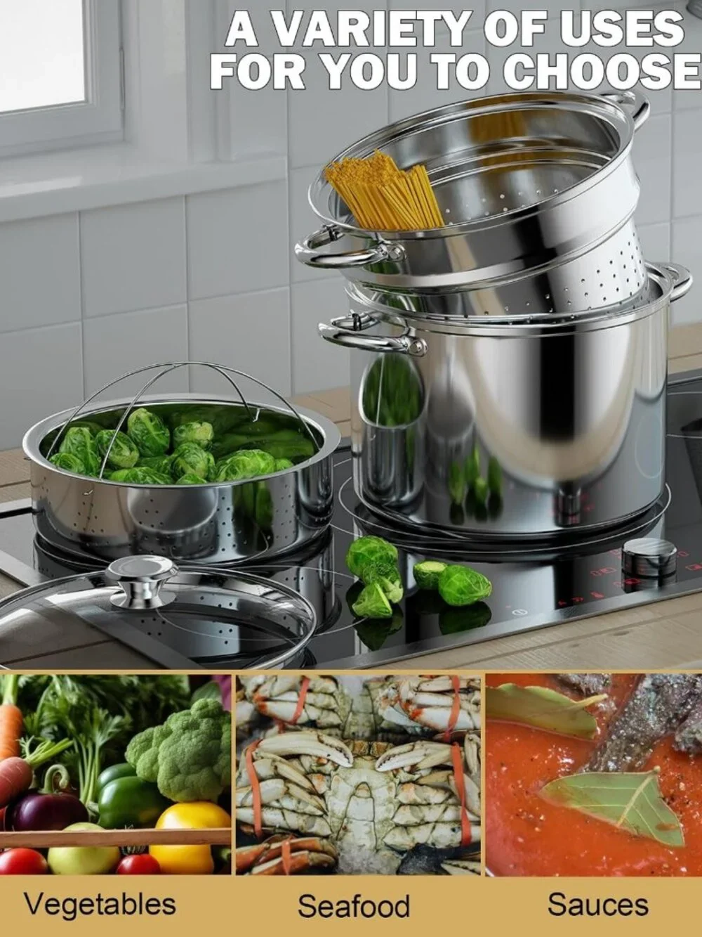 8 Quart Stainless Steel Pasta Pot with Strainer Lid - 3-in-1 Cooking Essential